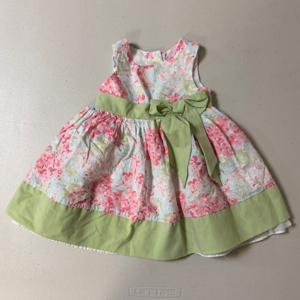 Baby Floral Dress 12 Months Green Pink Sleeveless Pleated Ruffled Party Summer